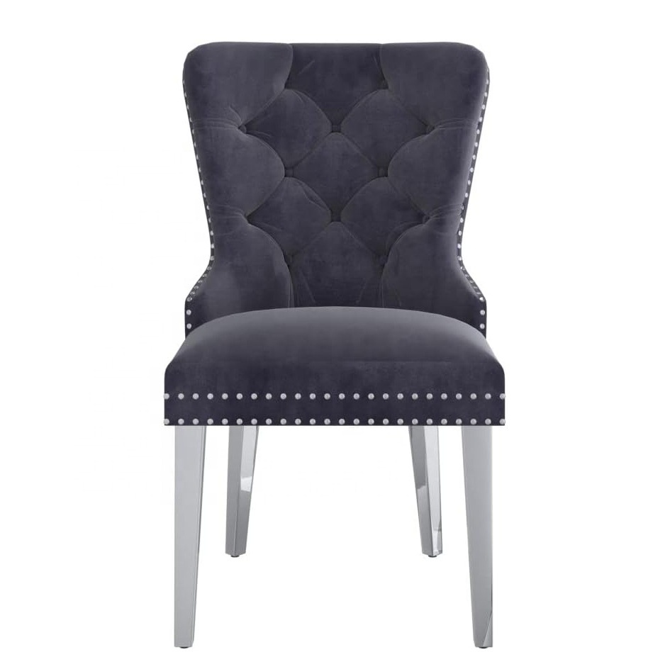 Set of 2 Dining Chairs with Tufted High Back Velvet Upholstered Dining Room Chairs Modern Elegant Nailhead Trim Ring Pull