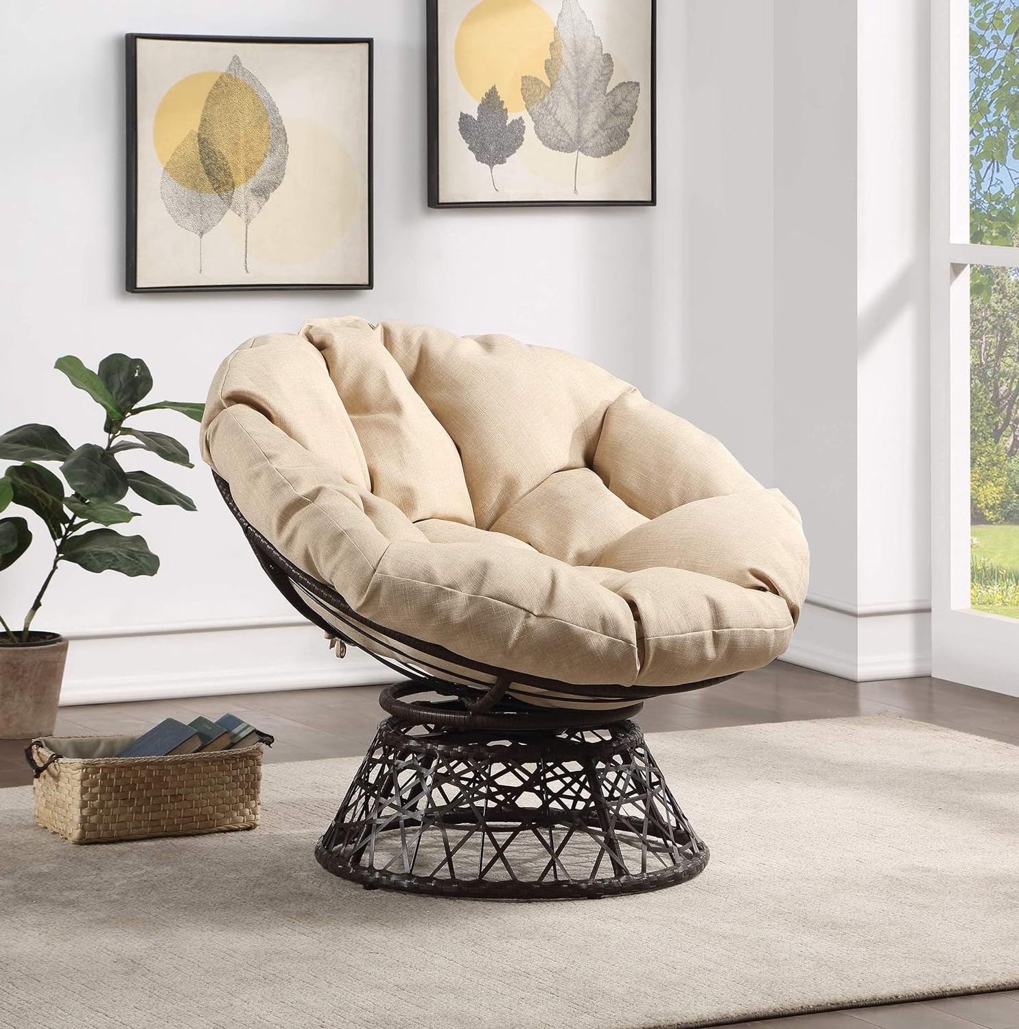 Outdoor Home Furnishings Wicker Papaya Chair Cheap Living Room Papasan Chair 360 Degree Swivel Brown Frame with Cream Pad