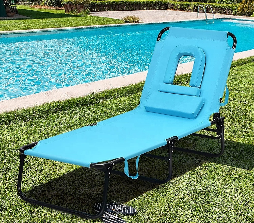 Outdoor 5-Position Adjustable Reclining Beach Sunbathing Chair Folding Chaise Lounge Chair with Hole for Face