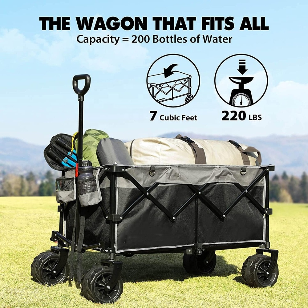 Enlarged Capacity Beach Wagon Break Wheels Collapsible Wagon Folding Garden Carts with 2 Drink Holders