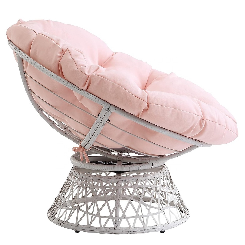 Outdoor Swing Rocking Chair Seats 360-Degree Swivel Wicker Papasan Rattan Chair Cream Frame Chairs with Pink Cushion