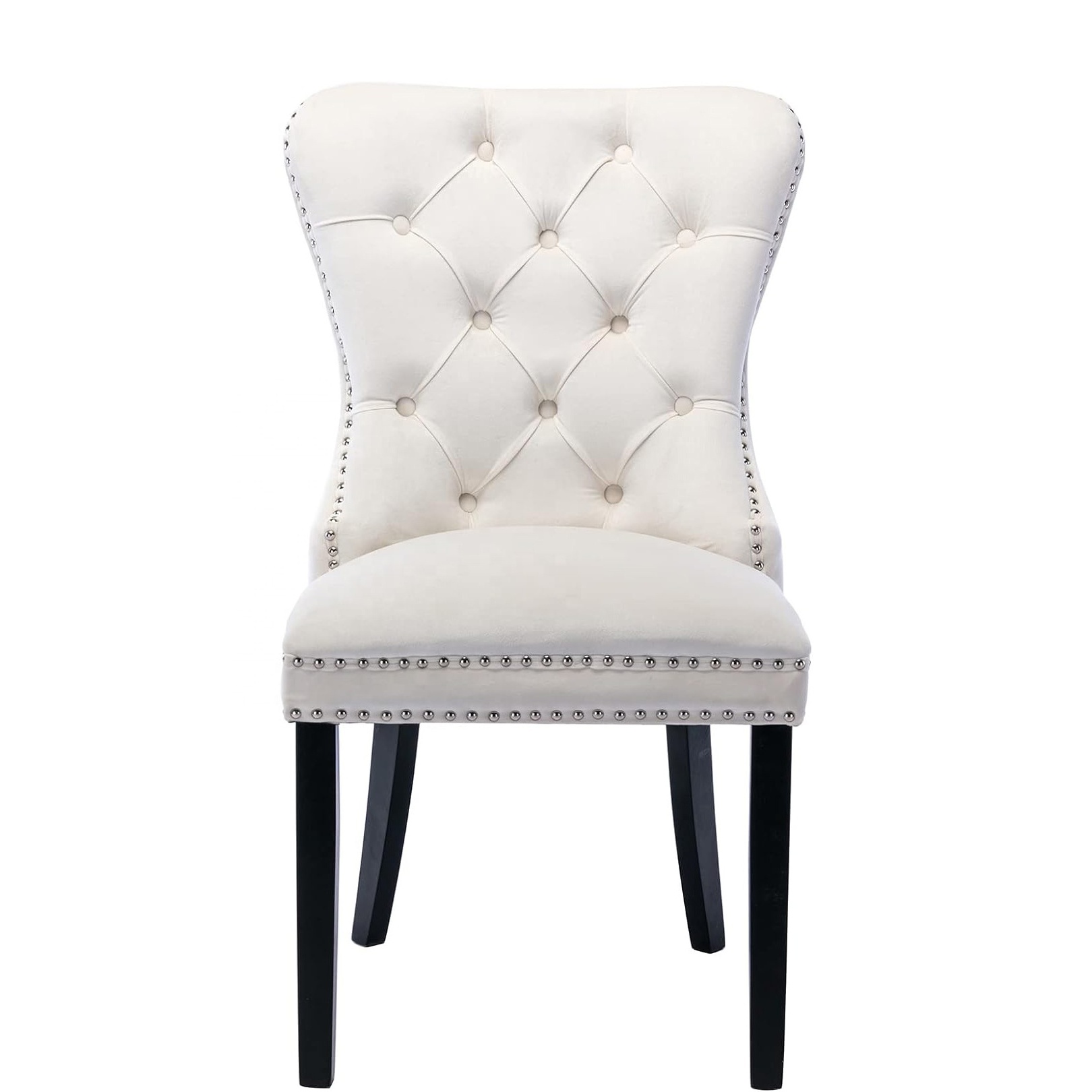 Set of 2 Dining Chairs with Tufted High Back Velvet Upholstered Dining Room Chairs Modern Elegant Nailhead Trim Ring Pull