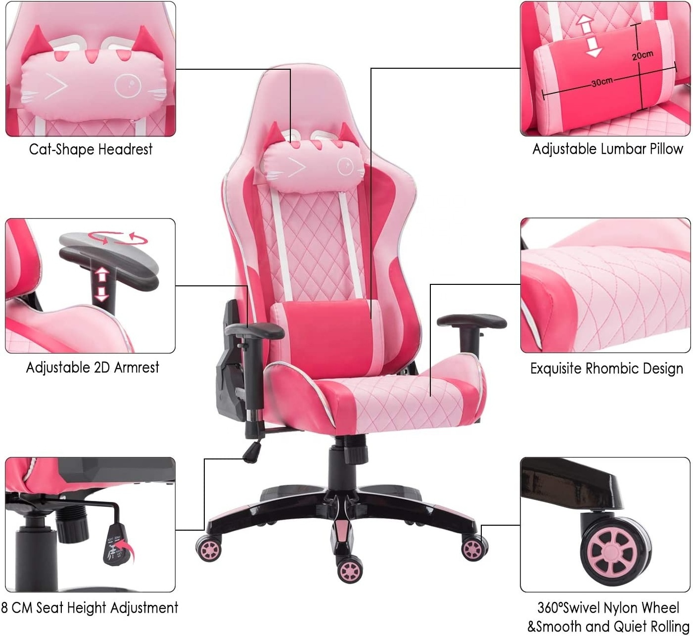 Ergonomic Cute Kitty Cat PC Computer Chair Rosa Silla Gamer Pro Quality Upholstery Custom Pc Women E-sports Gaming Chair