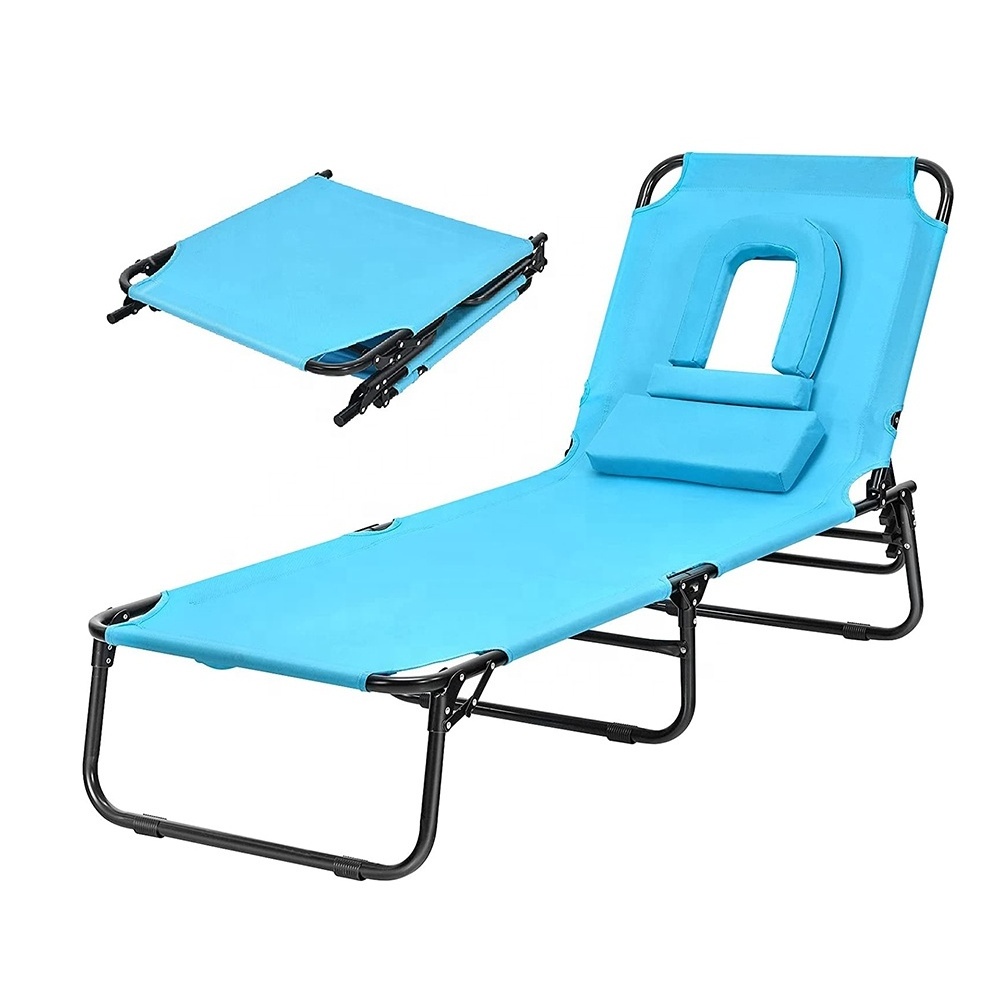 Outdoor 5-Position Adjustable Reclining Beach Sunbathing Chair Folding Chaise Lounge Chair with Hole for Face