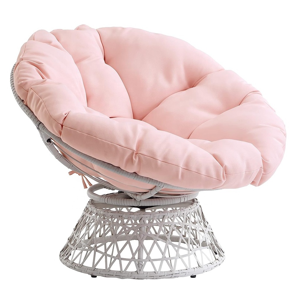 Outdoor Swing Rocking Chair Seats 360-Degree Swivel Wicker Papasan Rattan Chair Cream Frame Chairs with Pink Cushion