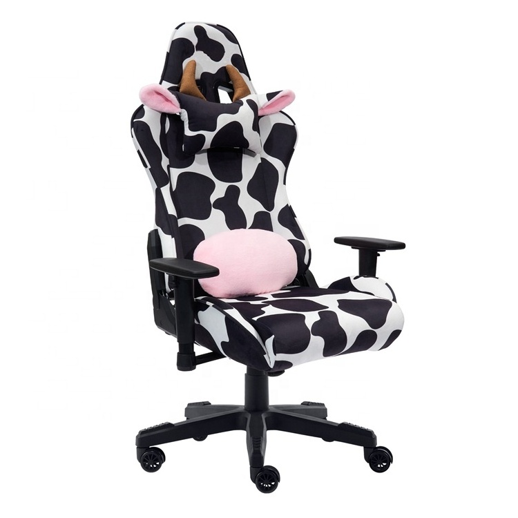 Factory Wholesale Reclining silla gamer cow print white and black velvet like fabric Gamer Chair Bar Racer Chile PU Gaming Chair