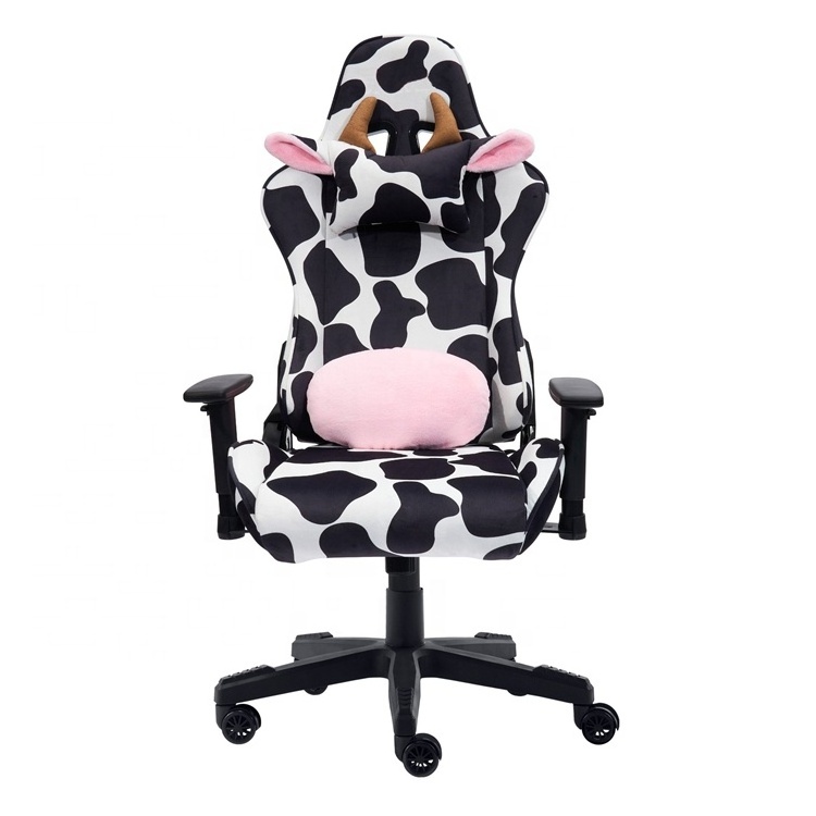 Factory Wholesale Reclining silla gamer cow print white and black velvet like fabric Gamer Chair Bar Racer Chile PU Gaming Chair