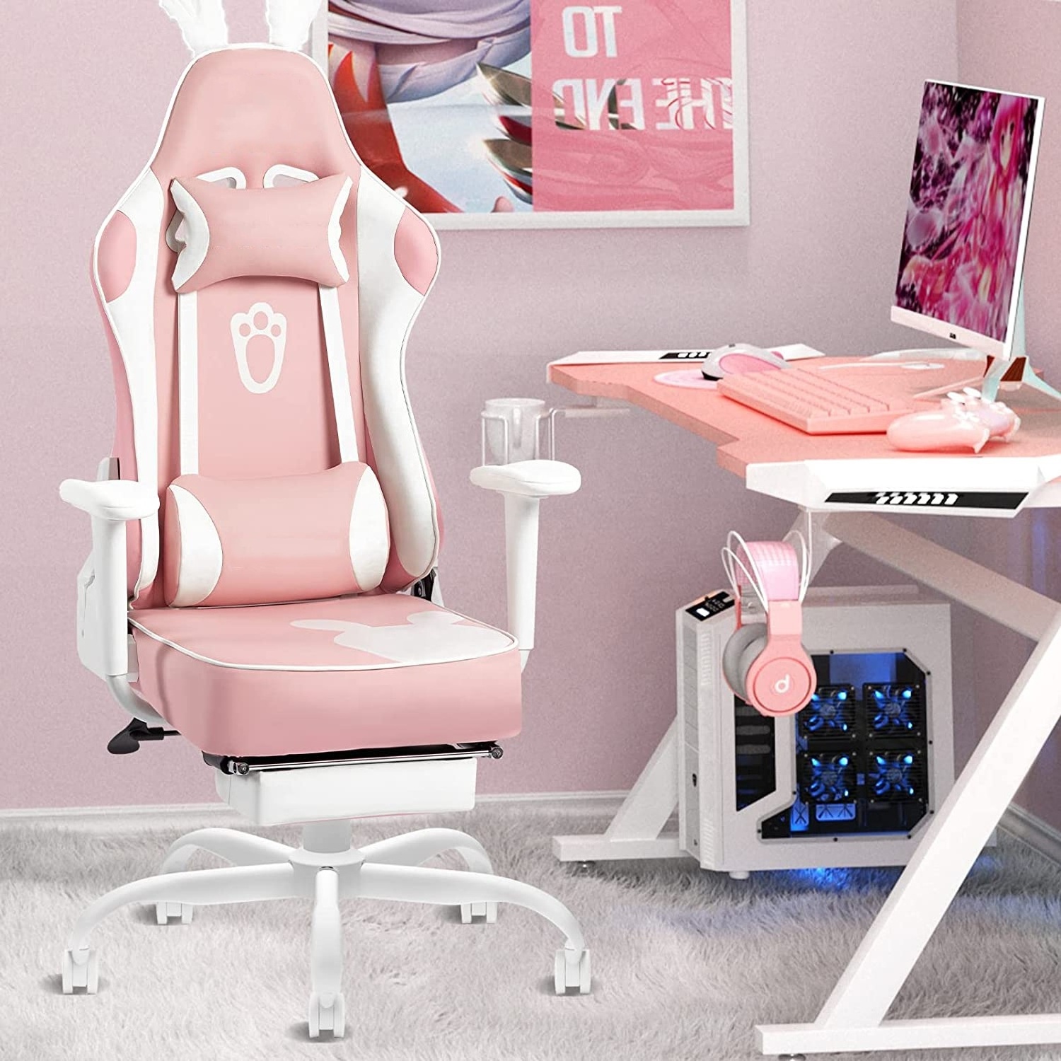 JL best cheap gift lovely pink silla gamer chair rosa pc computer gamer room women cute cat gaming chair with bunny ear