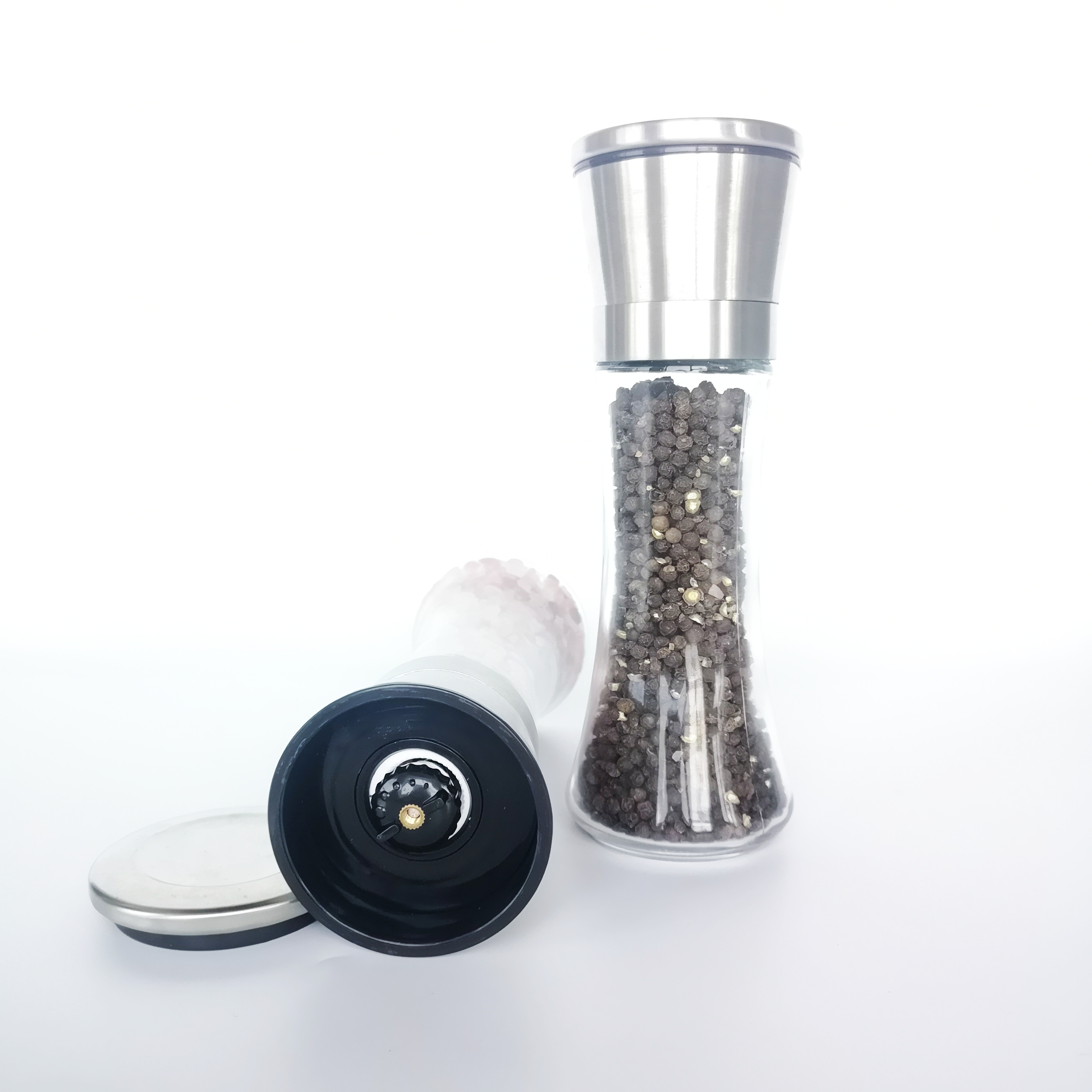 Glass Bottle Kitchen Manual Salt and Pepper Grinder Mill with Stainless Steel Lid