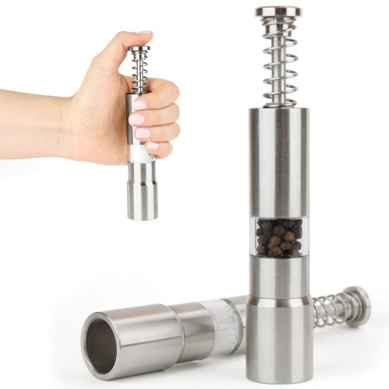 Mini Stainless-Steel One-Handed Thumb Push Button Salt and Pepper Grinder Set Spice Mill For Kitchen BBQ