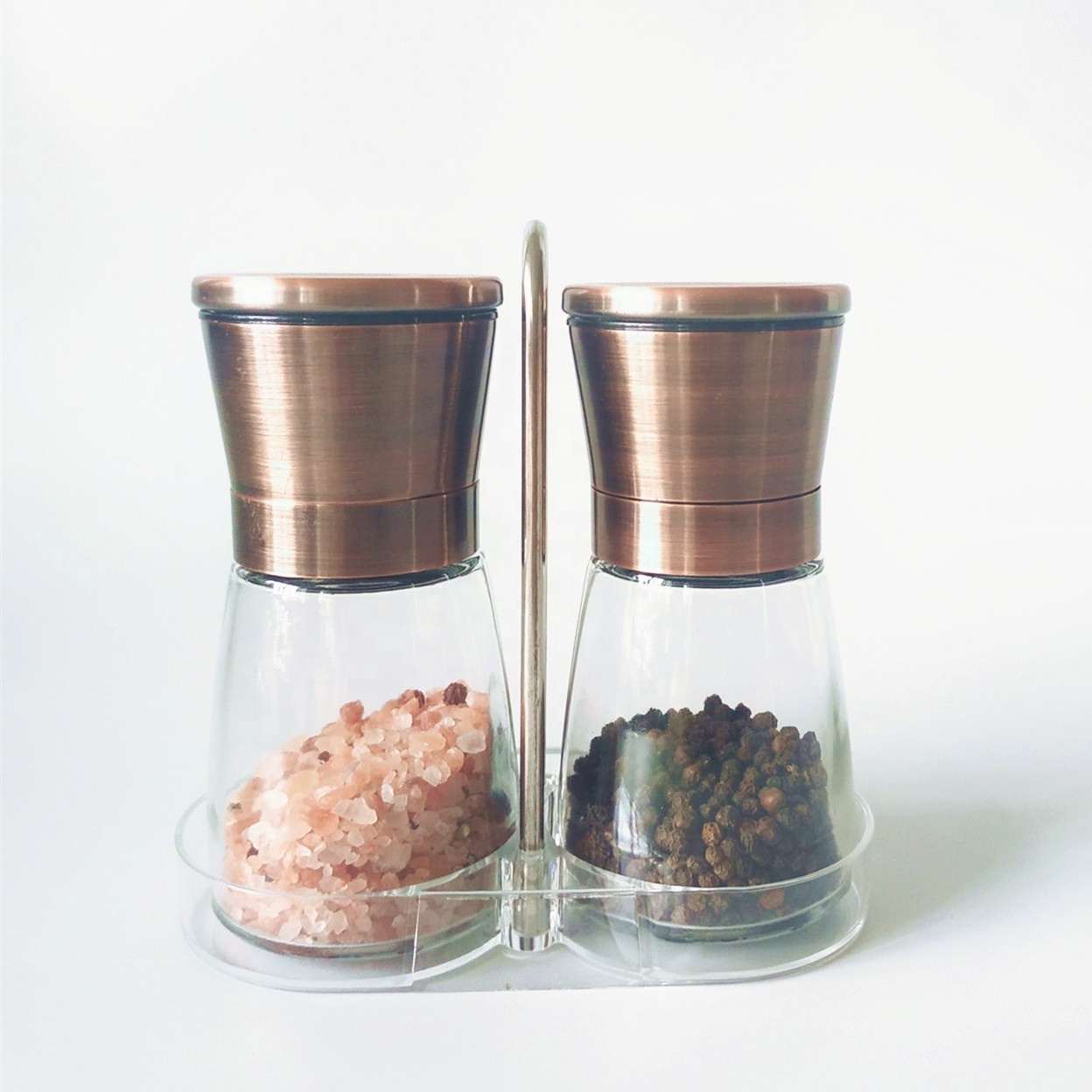 Copper stainless steel glass jar manual brass salt and pepper grinder set with stand