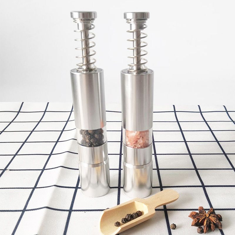 Mini Stainless-Steel One-Handed Thumb Push Button Salt and Pepper Grinder Set Spice Mill For Kitchen BBQ