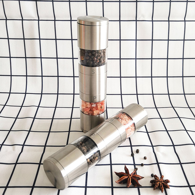 Portable manual dual head herbs and spices grinder stainless steel 2 in 1 salt and pepper grinder