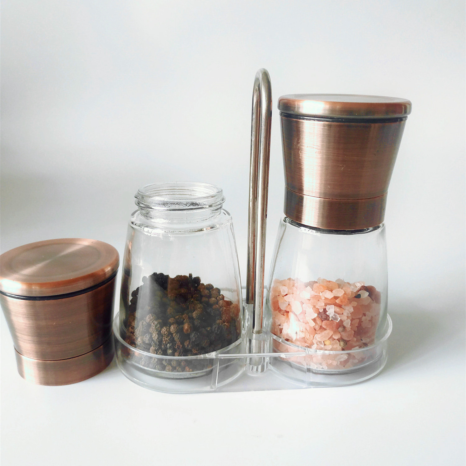 Copper stainless steel glass jar manual brass salt and pepper grinder set with stand