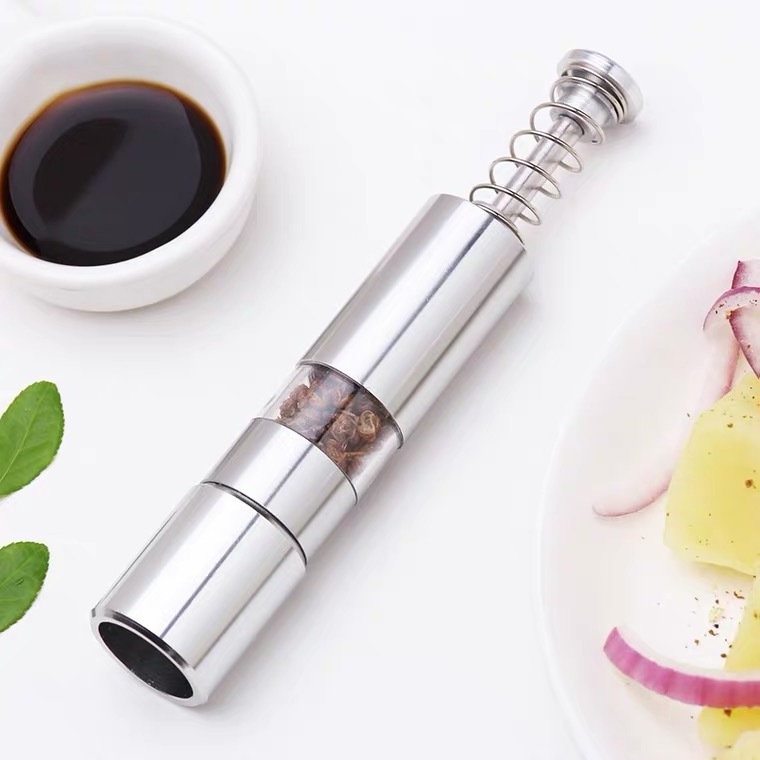 Mini Stainless-Steel One-Handed Thumb Push Button Salt and Pepper Grinder Set Spice Mill For Kitchen BBQ