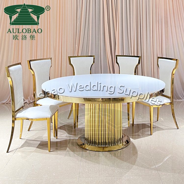 Luxury wedding restaurant MDF top with golden stainless steel dining table