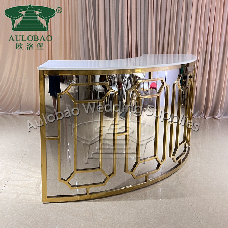 custom made half moon shape restaurant glass top gold metal bar counter