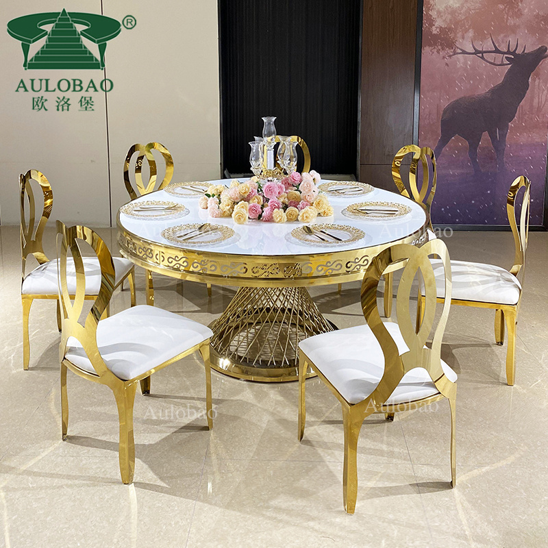 Event nesting base round gold stainless steel MDF top banquet wedding table with chairs