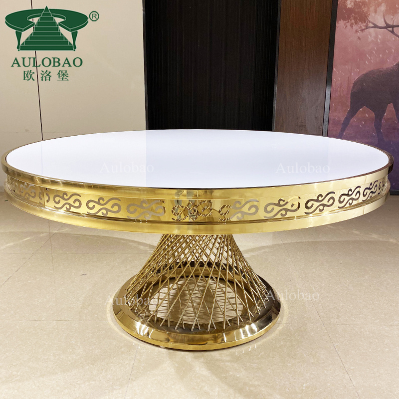 Event nesting base round gold stainless steel MDF top banquet wedding table with chairs