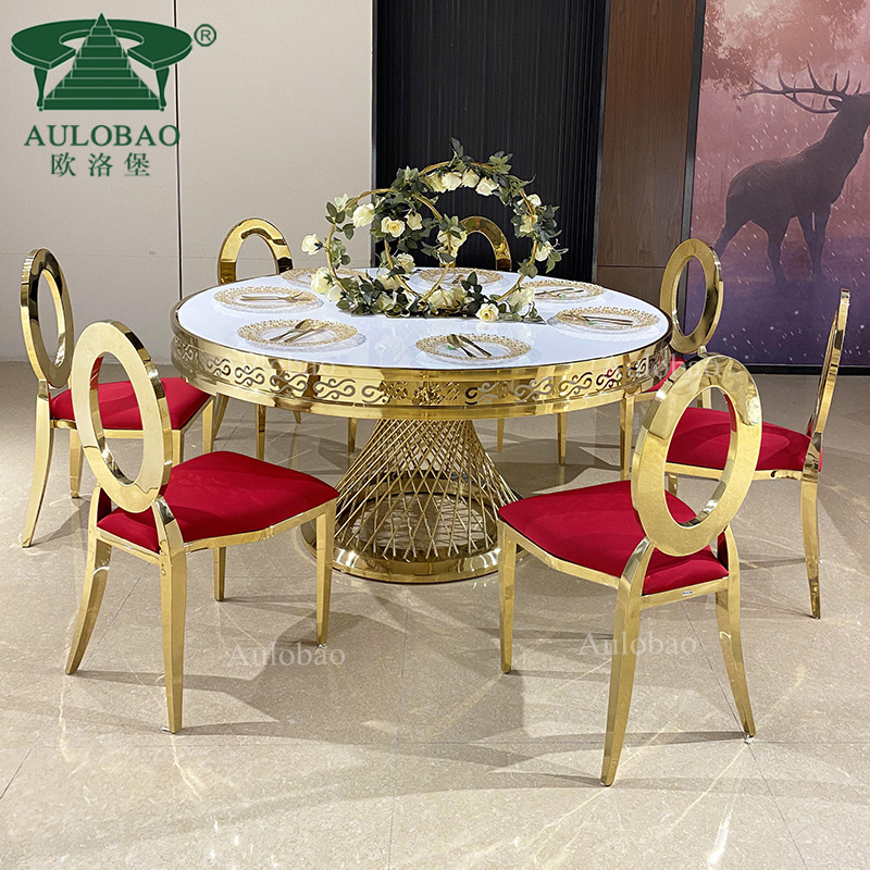 Event nesting base round gold stainless steel MDF top banquet wedding table with chairs