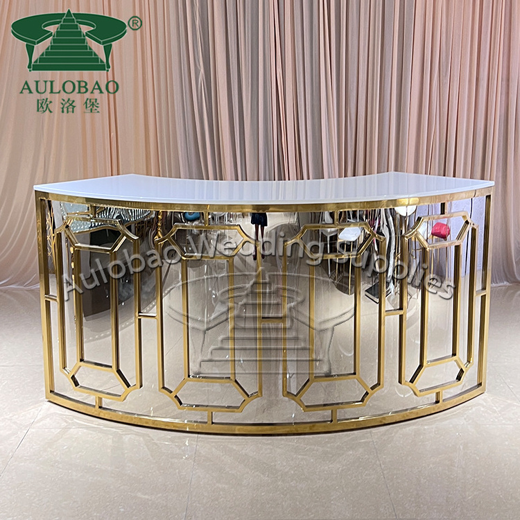 custom made half moon shape restaurant glass top gold metal bar counter