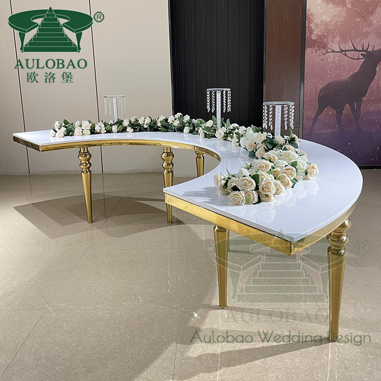 luxury design gold stainless steel mirror glass top s shape wedding hall banquet dining table