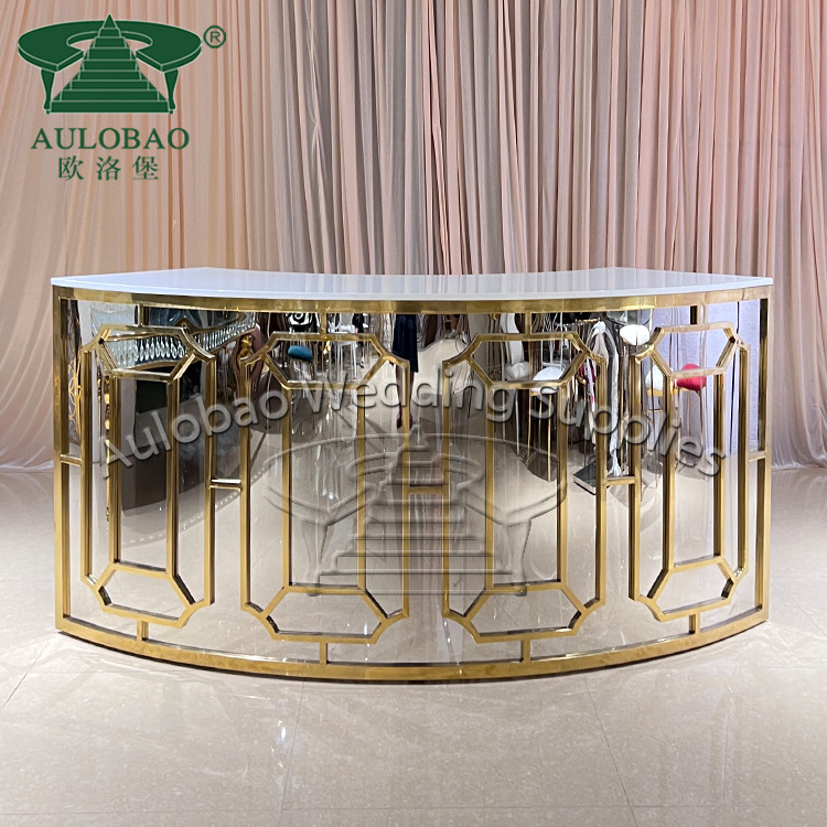 custom made half moon shape restaurant glass top gold metal bar counter