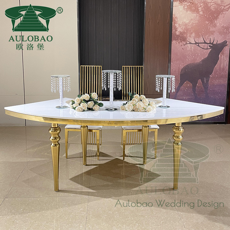 luxury design gold stainless steel mirror glass top s shape wedding hall banquet dining table