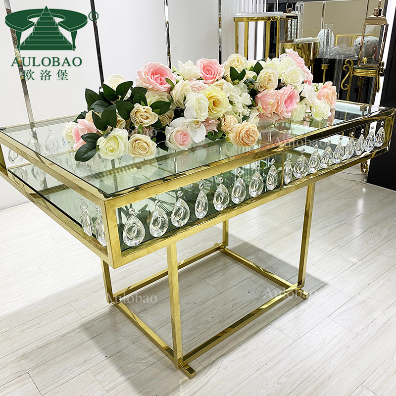 New model crystal mirror glass top gold stainless steel cake table wedding