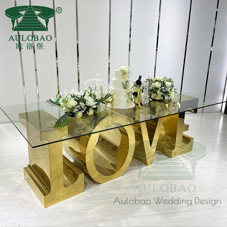 Dining room furniture LOVE metal base tempered glass table for wedding event