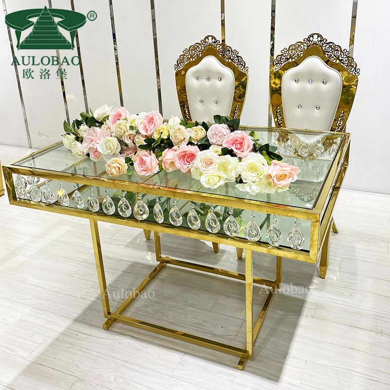 New model crystal mirror glass top gold stainless steel cake table wedding