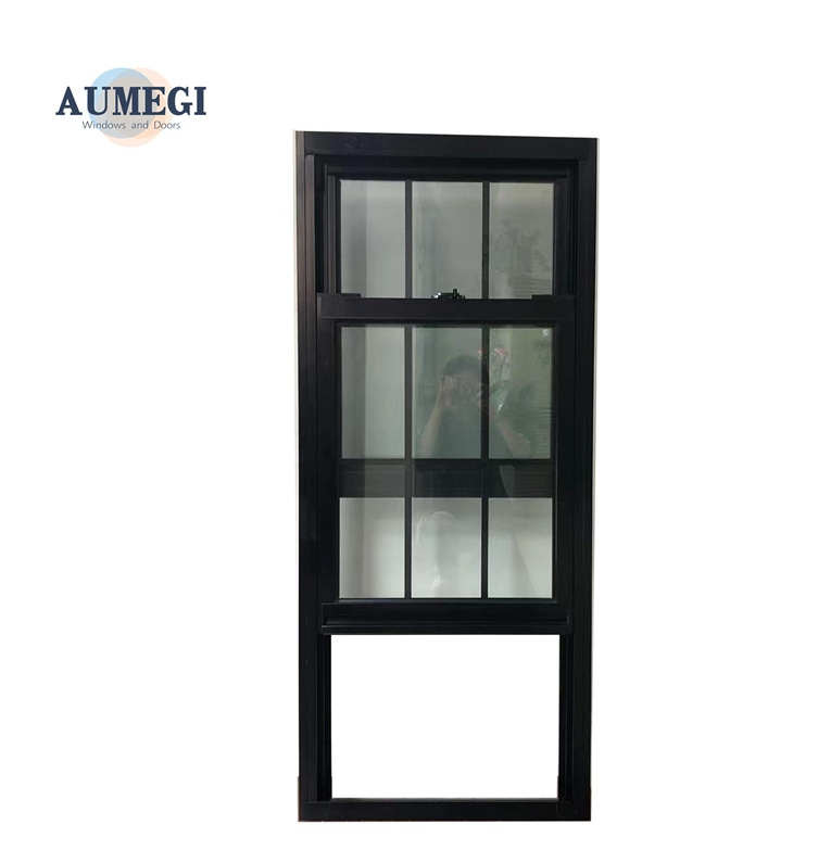 Aumegi Frosted Glass Broken Bridge Aluminum Top Hung Sash Window Fiberglass Vertical Sliding Grill Design Single Hung Windows