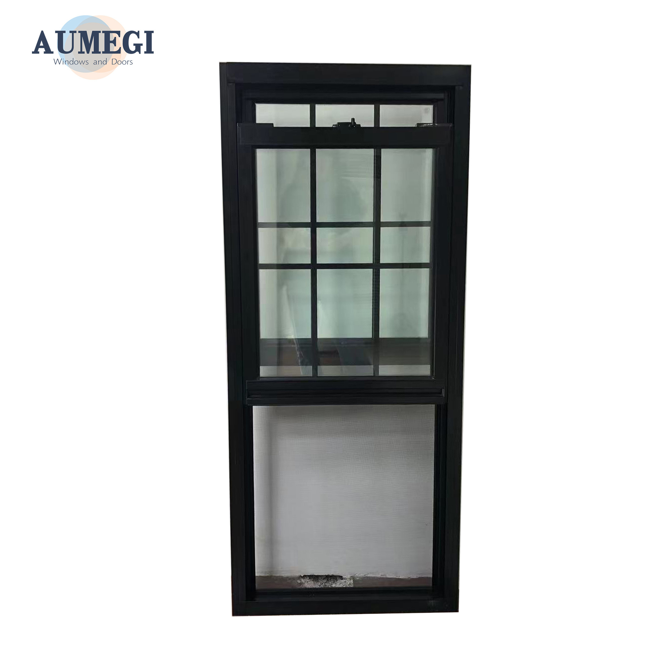 Aumegi Frosted Glass Broken Bridge Aluminum Top Hung Sash Window Fiberglass Vertical Sliding Grill Design Single Hung Windows