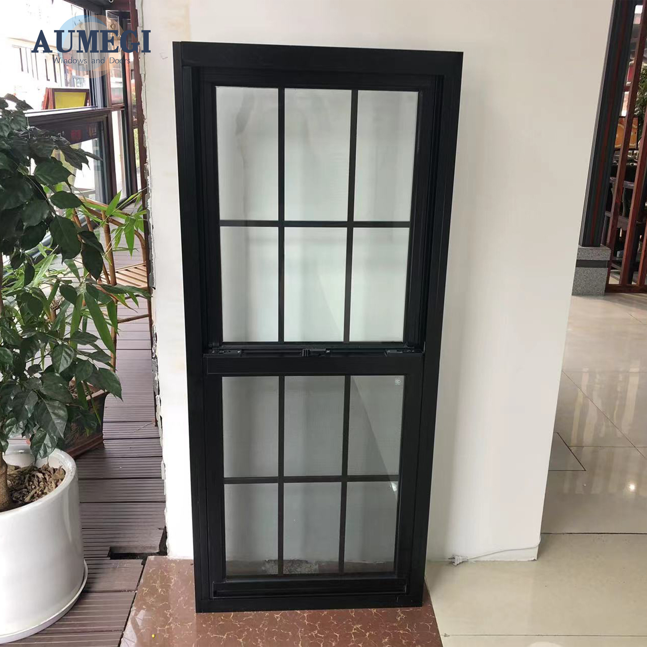 Aumegi Frosted Glass Broken Bridge Aluminum Top Hung Sash Window Fiberglass Vertical Sliding Grill Design Single Hung Windows