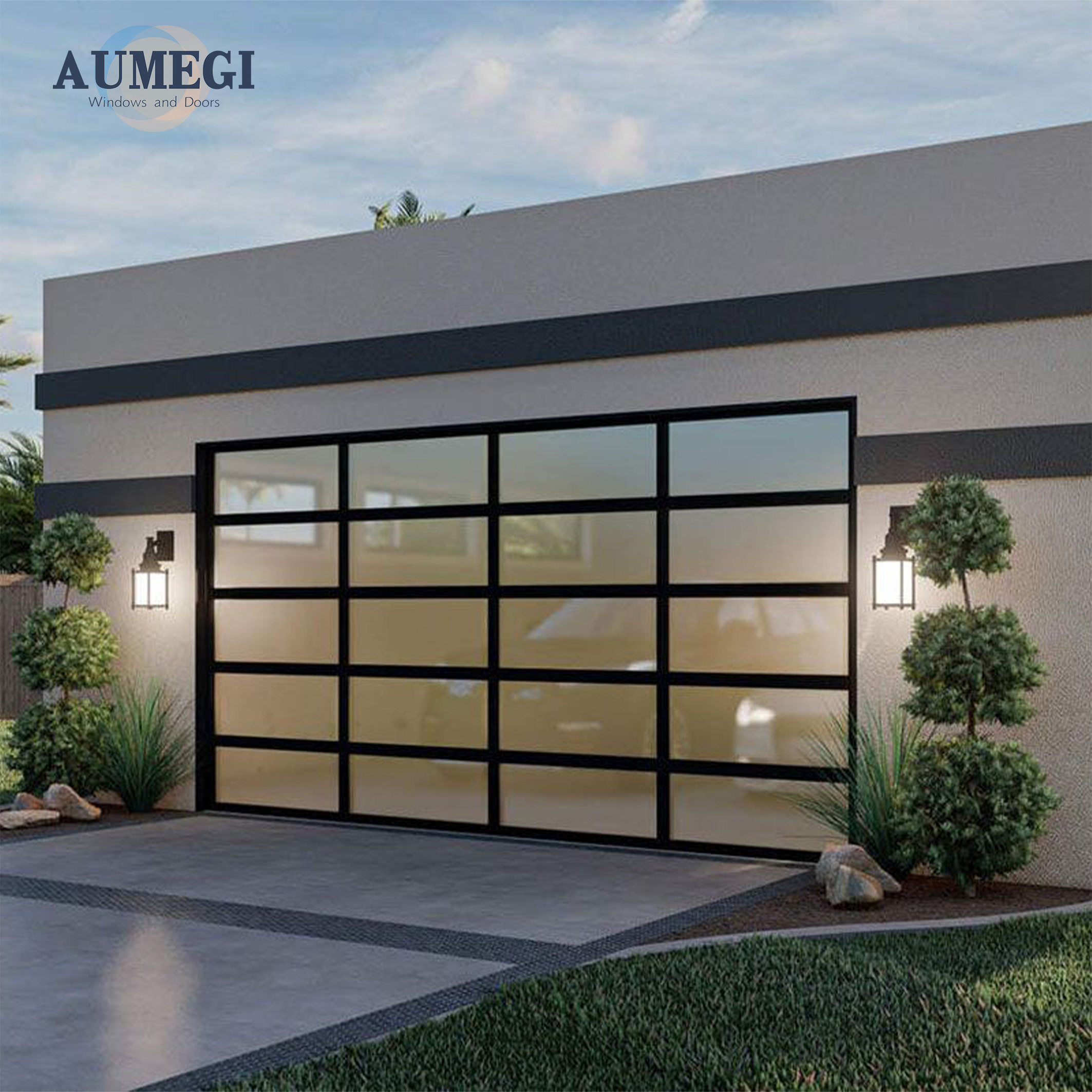 Aumegi Main Gate Entrance American Garage Door Aluminium Garage Double Door Swing Out Glass Automatic Garage Door