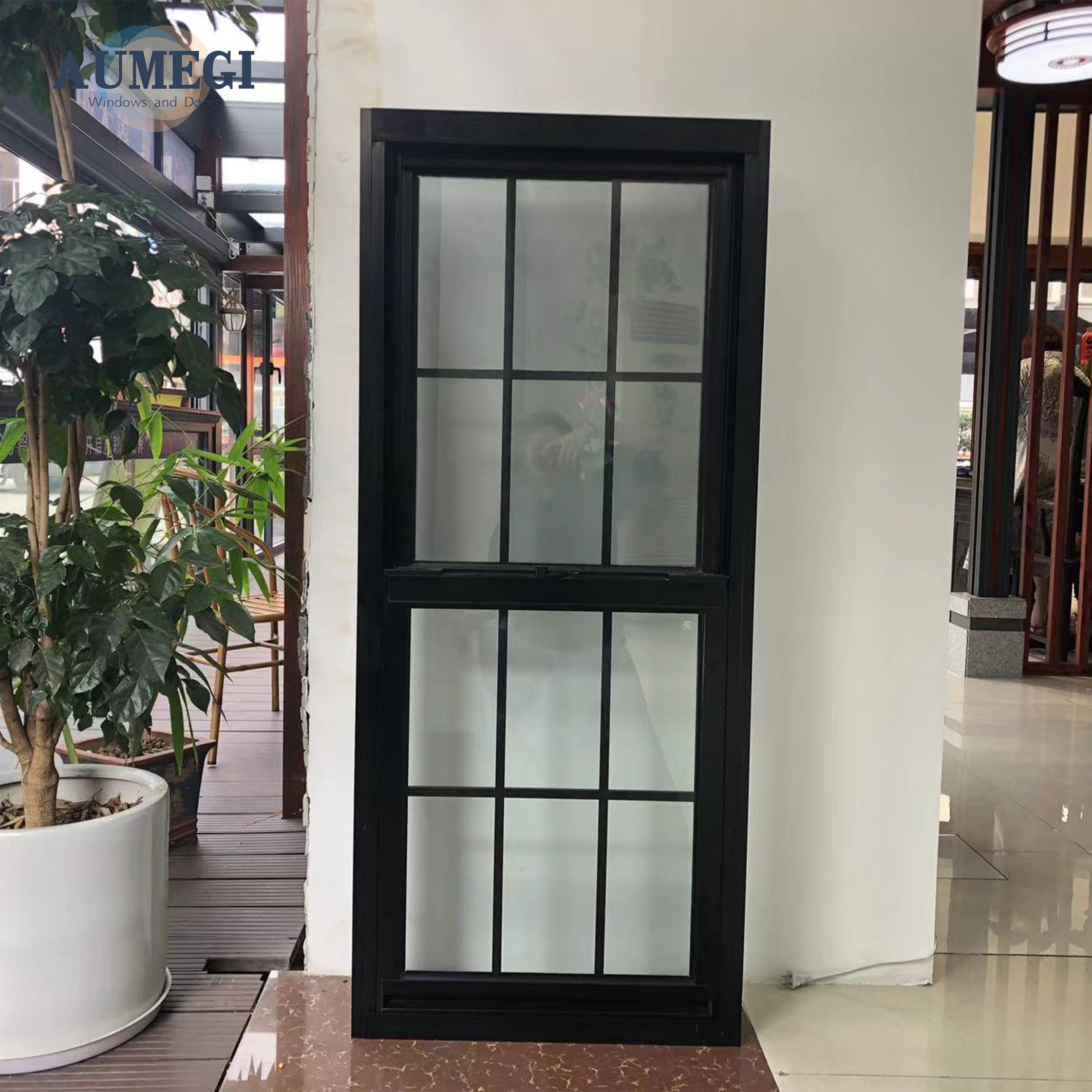 Aumegi Frosted Glass Broken Bridge Aluminum Top Hung Sash Window Fiberglass Vertical Sliding Grill Design Single Hung Windows