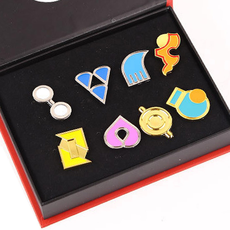 Pokemoned Pocket Monsters Gym Badges Zinc Alloy Pins Collection Gift Box Set of 8pcs