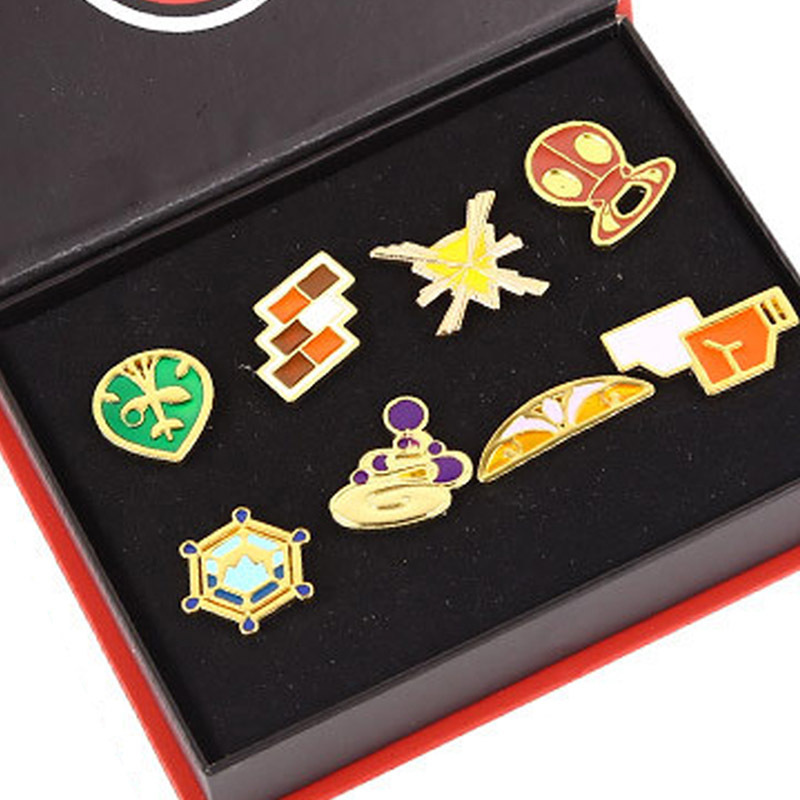 Pokemoned Pocket Monsters Gym Badges Zinc Alloy Pins Collection Gift Box Set of 8pcs