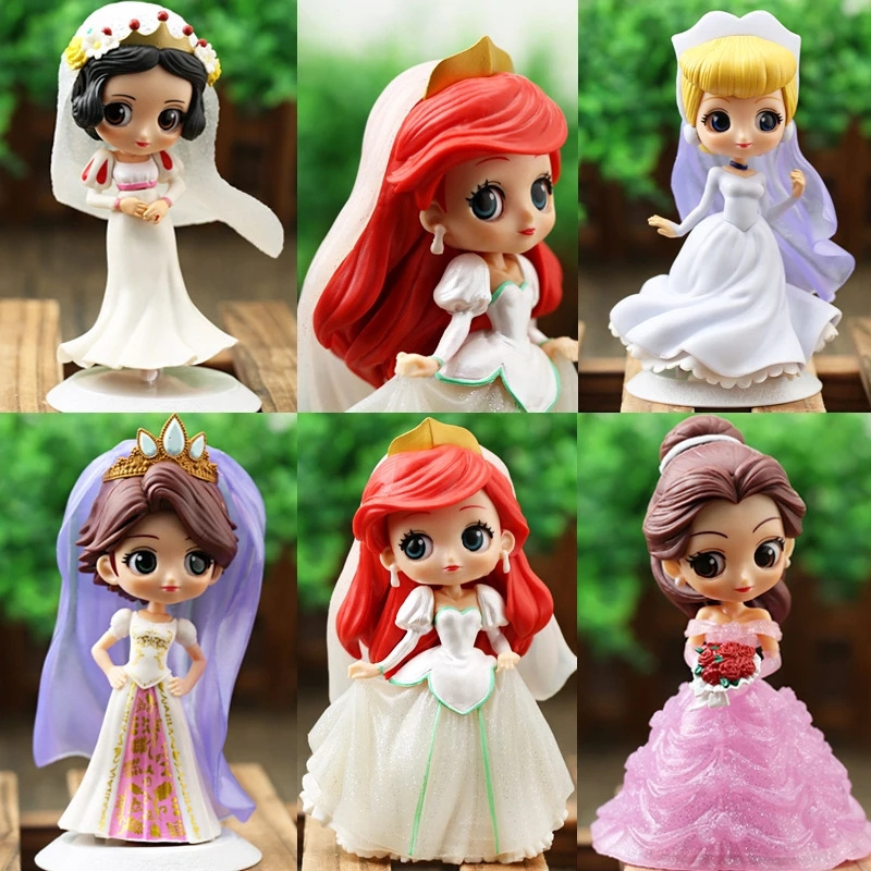 15-17cm Q Posket Anna Ice Queen Elsa Wedding Dress Long Hair Princess Figures Wedding PVC Model Dolls Toys Cake Topper Gift