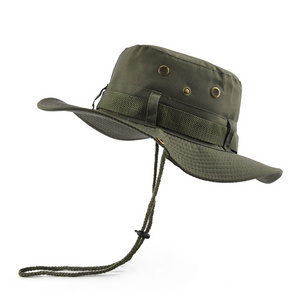 Outdoor beach polyester wide brim boonie fisherman hats hiking golf bucket caps with string