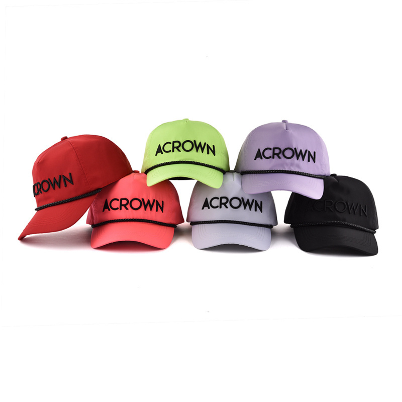 wholesale custom rope hat cap gorras women men sport 3d puff embroidered 5 panel waterproof nylon baseball hat with rope