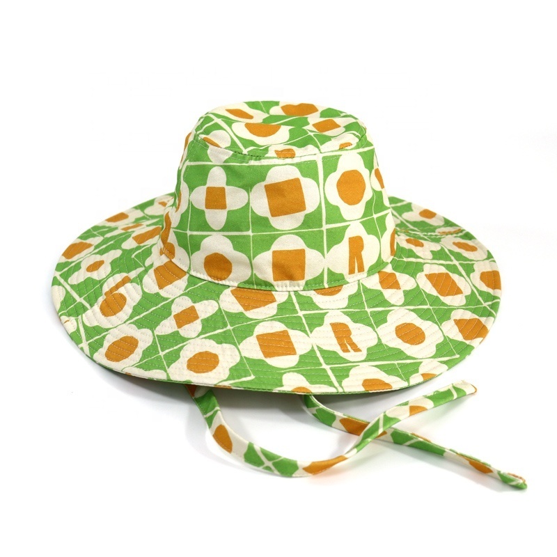 Customized Design Sublimation Stranfer Print Pattern Wide Brim Women Bucket Hat, Fashion Chin String Print Sun Hat