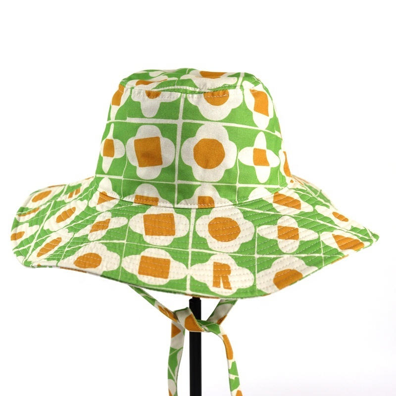 Customized Design Sublimation Stranfer Print Pattern Wide Brim Women Bucket Hat, Fashion Chin String Print Sun Hat