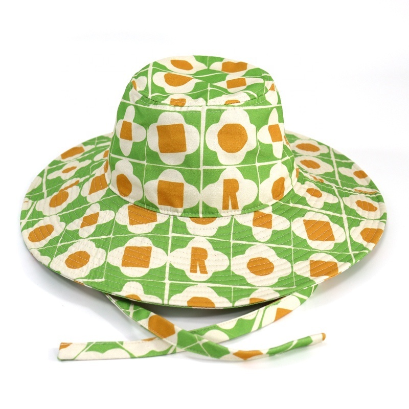 Customized Design Sublimation Stranfer Print Pattern Wide Brim Women Bucket Hat, Fashion Chin String Print Sun Hat