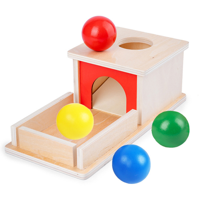 Montessori Object Permanence Box with Drawer And Wood Ball Tray And Ball Drop Box Toy