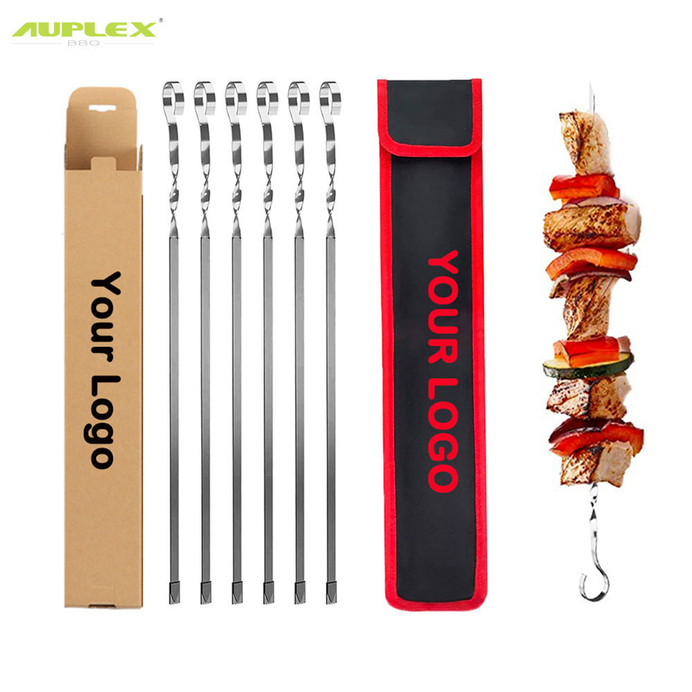 410 Stainless Steel Long Flat Rotate Skewers Metal Sticks BBQ Accessories Set For Barbecue Grill