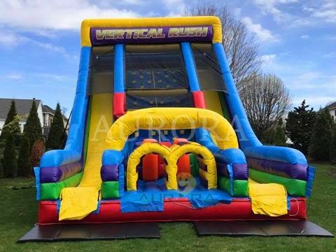 Commercial outdoor playground jumping slide rock wall climb and slide inflatable vertical rush obstacle slide for kids adults