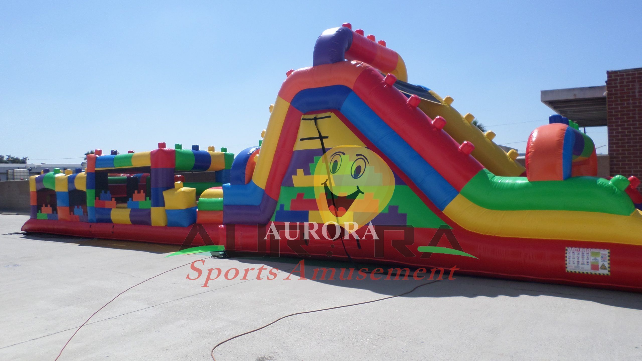 Popular commercial grade Lego bounce house inflatable obstacle course with water slide Lego Obstacle Course for Sport Games