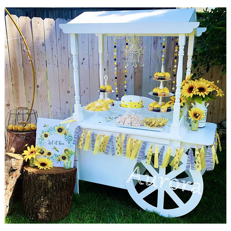 Wooden Dessert Table Wood Flower  Candy Cart Wheels Fancy Dessert Serving Cart