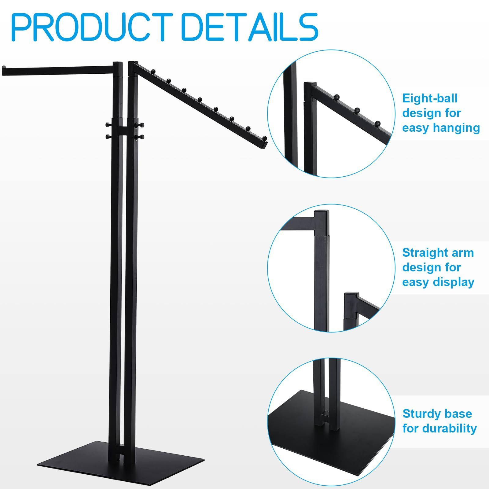 Customized Metal Black 2-Way Clothing Display Rack with Slant Arms For Garment Store